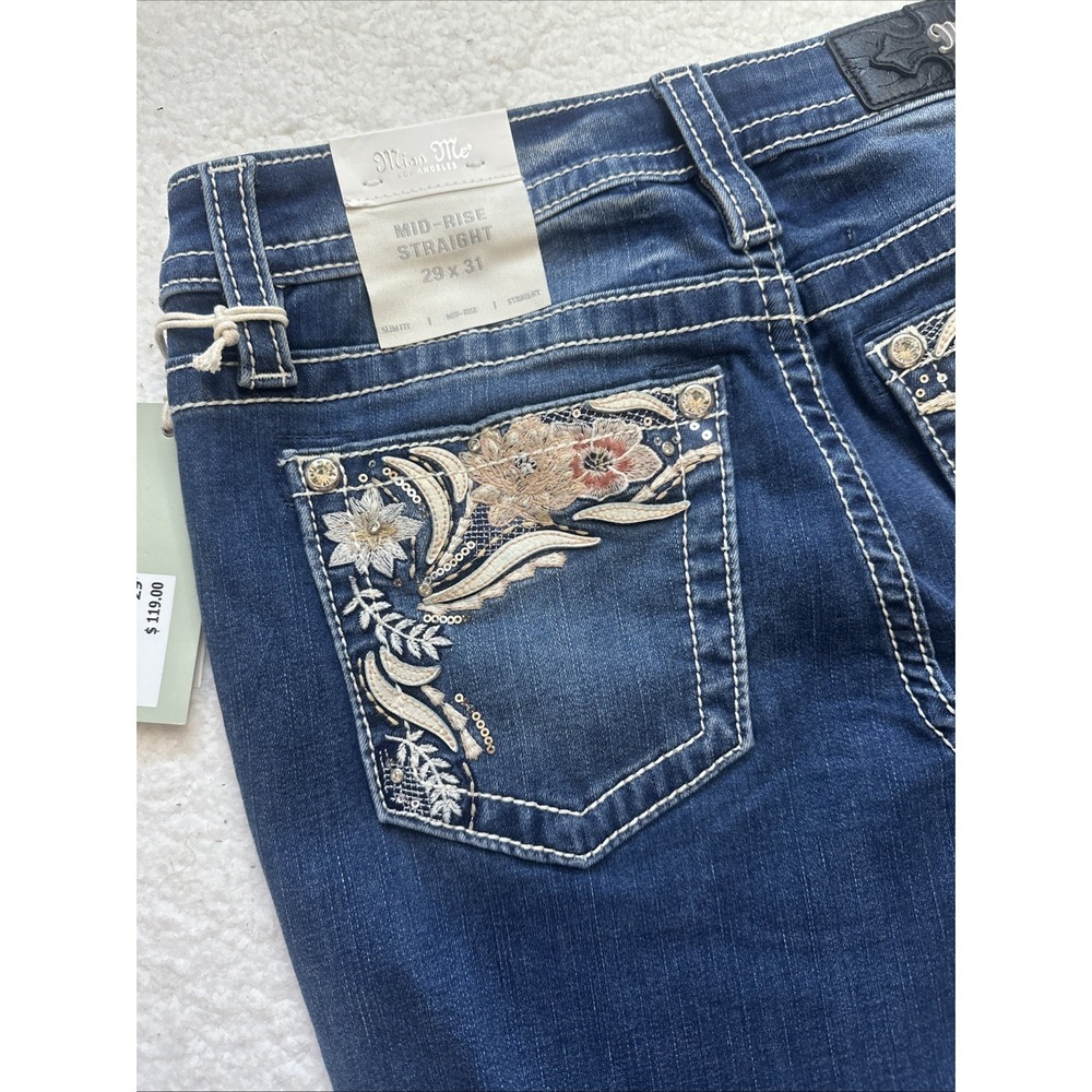 Miss Me Women's 29 Blue Embroidered Straight Leg Stretch Jeans Western Rhineston